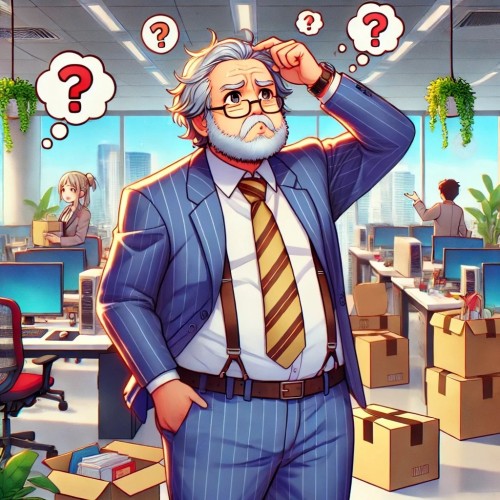 A brightly colored anime image of a confused older and thinner company owner standing in an office, scratching his head with a puzzled expression. The.jpg