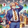 A brightly colored anime image of a confused older and thinner company owner standing in an office, scratching his head with a puzzled expression. The.jpg